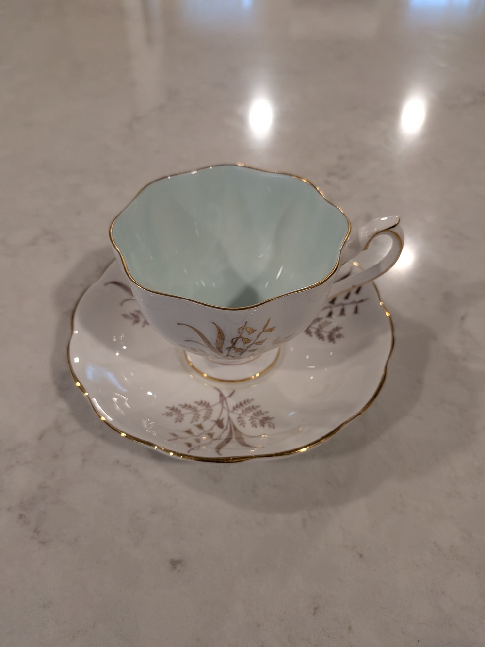 Queen Anna Bone China Classic White and Pale Blue Porcelain Teacup and Saucer